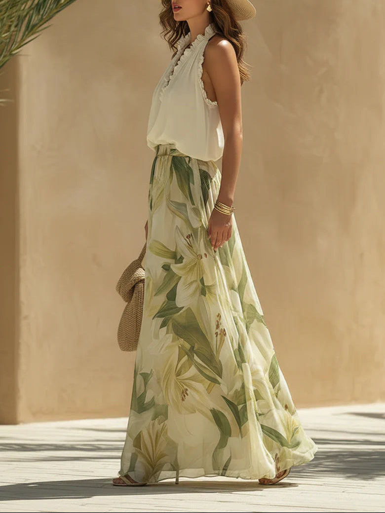 Fiorella - Chiffon Ruffled Top & Pants Set