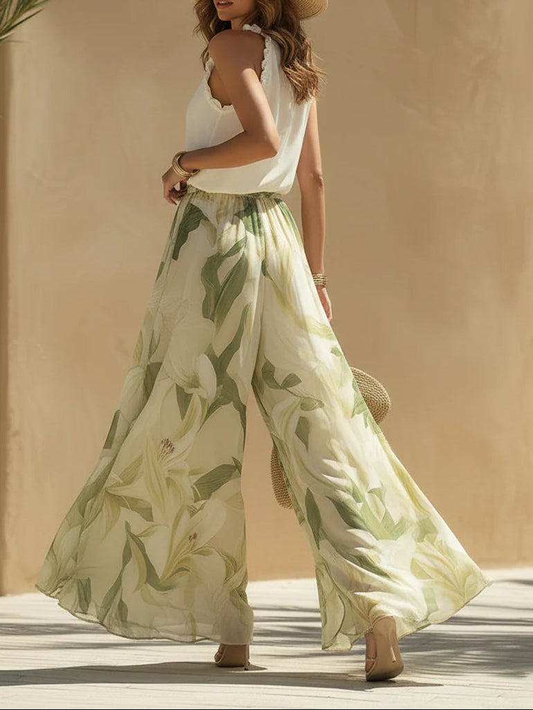 Fiorella - Chiffon Ruffled Top & Pants Set