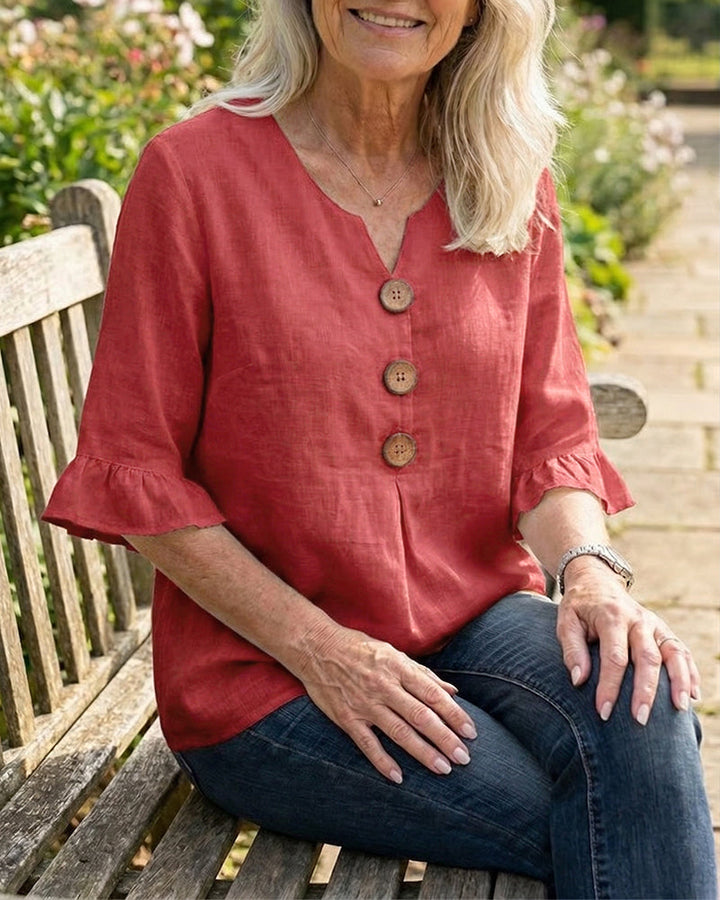 Astreya Solid Color Cotton-Linen Blouse with Wooden Buttons and Ruffles