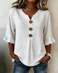 Astreya Solid Color Cotton-Linen Blouse with Wooden Buttons and Ruffles