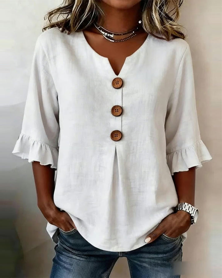 Astreya Solid Color Cotton-Linen Blouse with Wooden Buttons and Ruffles
