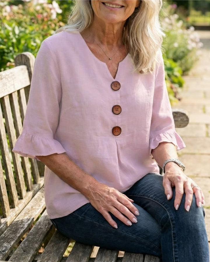 Astreya Solid Color Cotton-Linen Blouse with Wooden Buttons and Ruffles