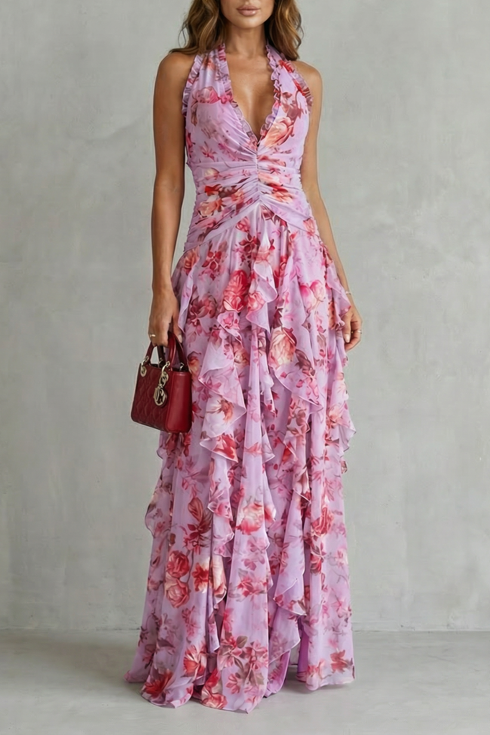 Sirena - Romantic Rose Cascade Halter Maxi Dress
