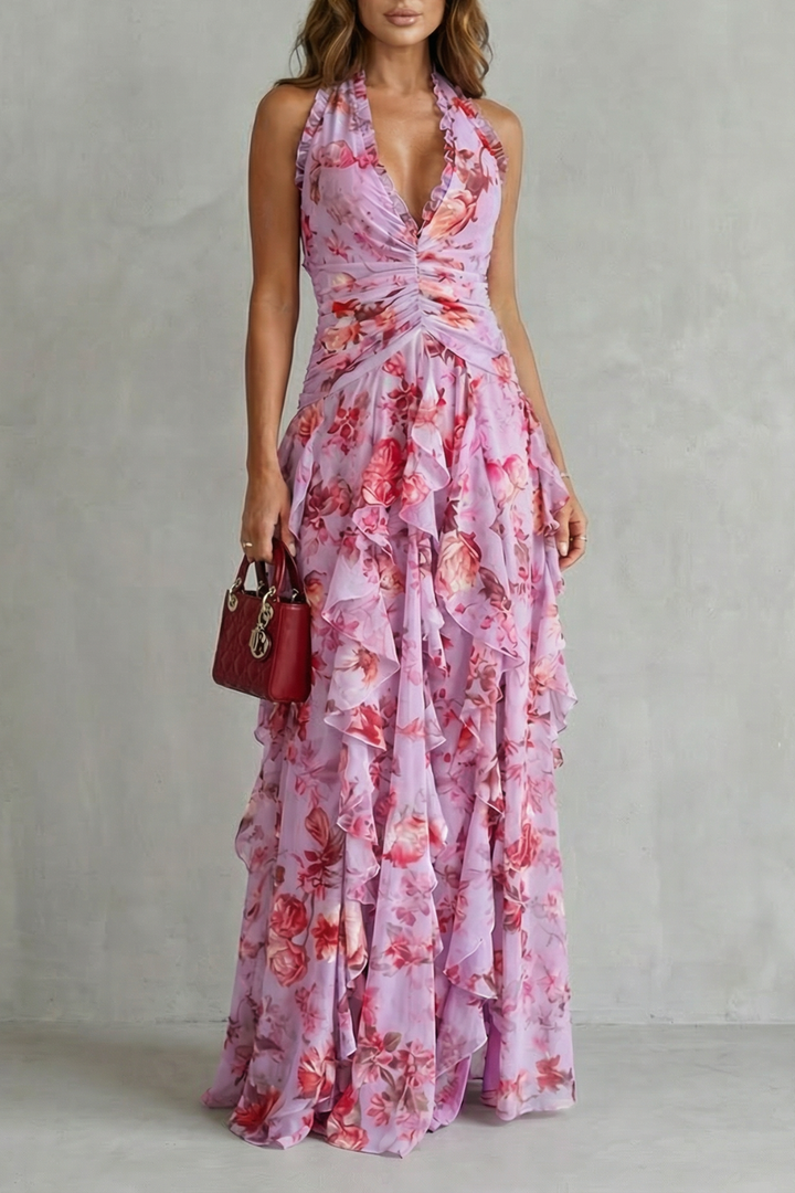 Sirena - Romantic Rose Cascade Halter Maxi Dress