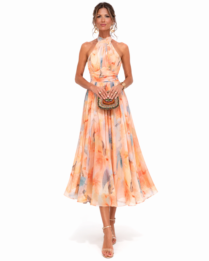 Zaria - Watercolor Print Halter Maxi Dress