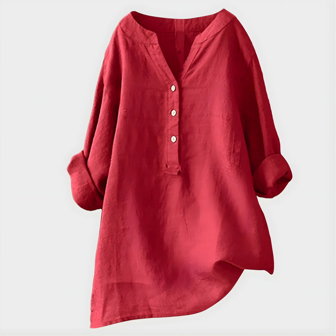 Veria™ Elegant Cotton-Linen V-Neck Blouse