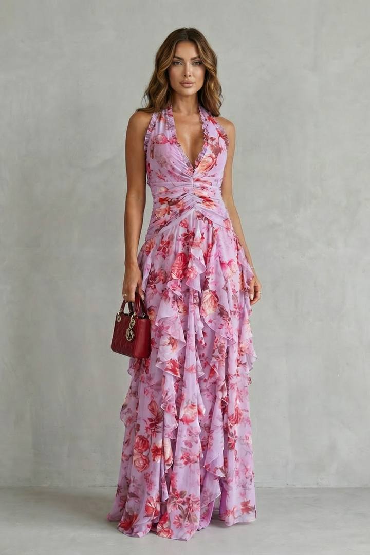 Sirena - Romantic Rose Cascade Halter Maxi Dress