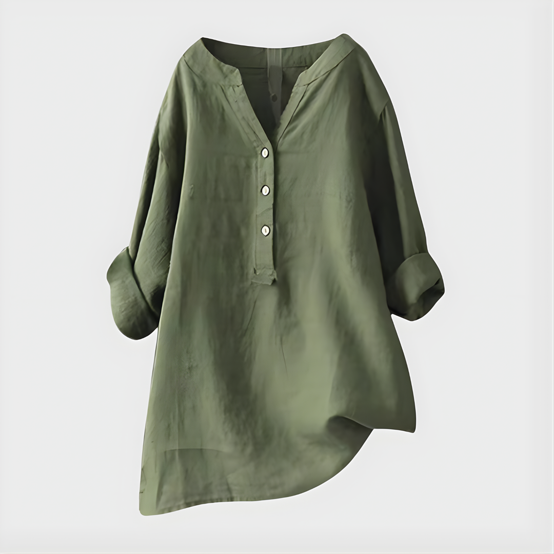 Veria™ Elegant Cotton-Linen V-Neck Blouse