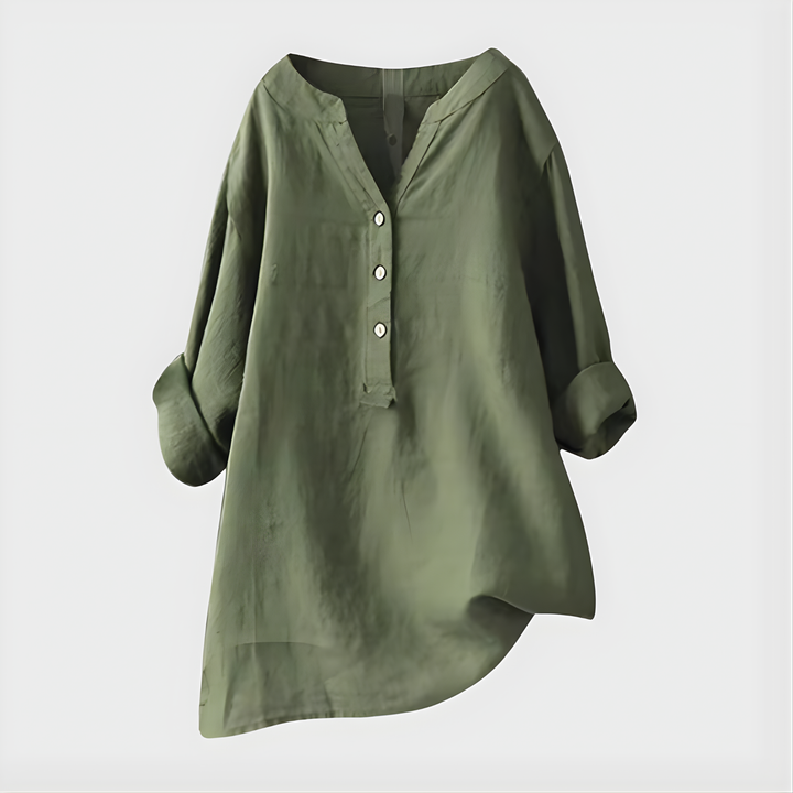 Veria™ Elegant Cotton-Linen V-Neck Blouse