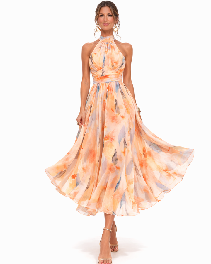Zaria - Watercolor Print Halter Maxi Dress