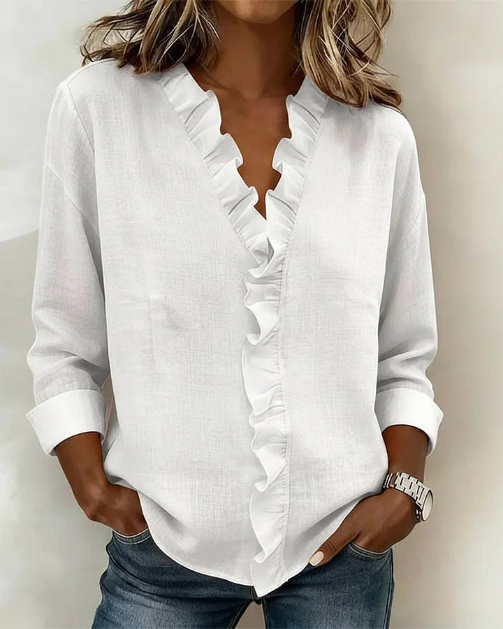 Daphne | Blouse with Ruffles, V-Neck and Long Sleeves