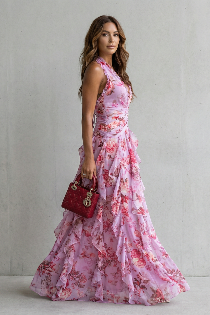 Sirena - Romantic Rose Cascade Halter Maxi Dress