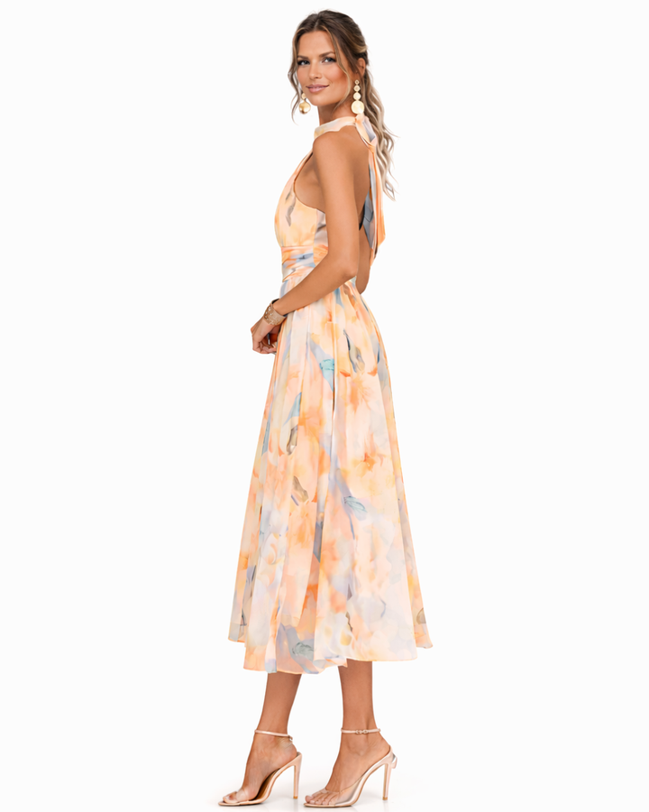 Zaria - Watercolor Print Halter Maxi Dress