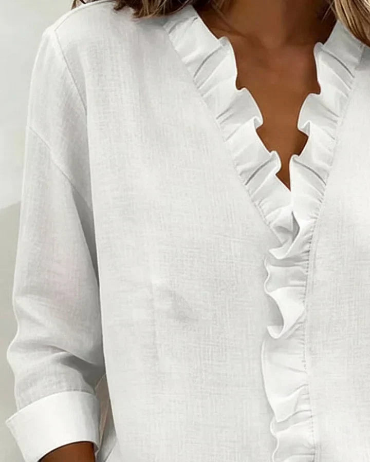 Daphne | Blouse with Ruffles, V-Neck and Long Sleeves