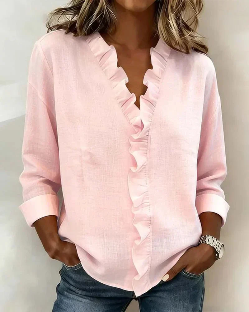 Daphne | Blouse with Ruffles, V-Neck and Long Sleeves