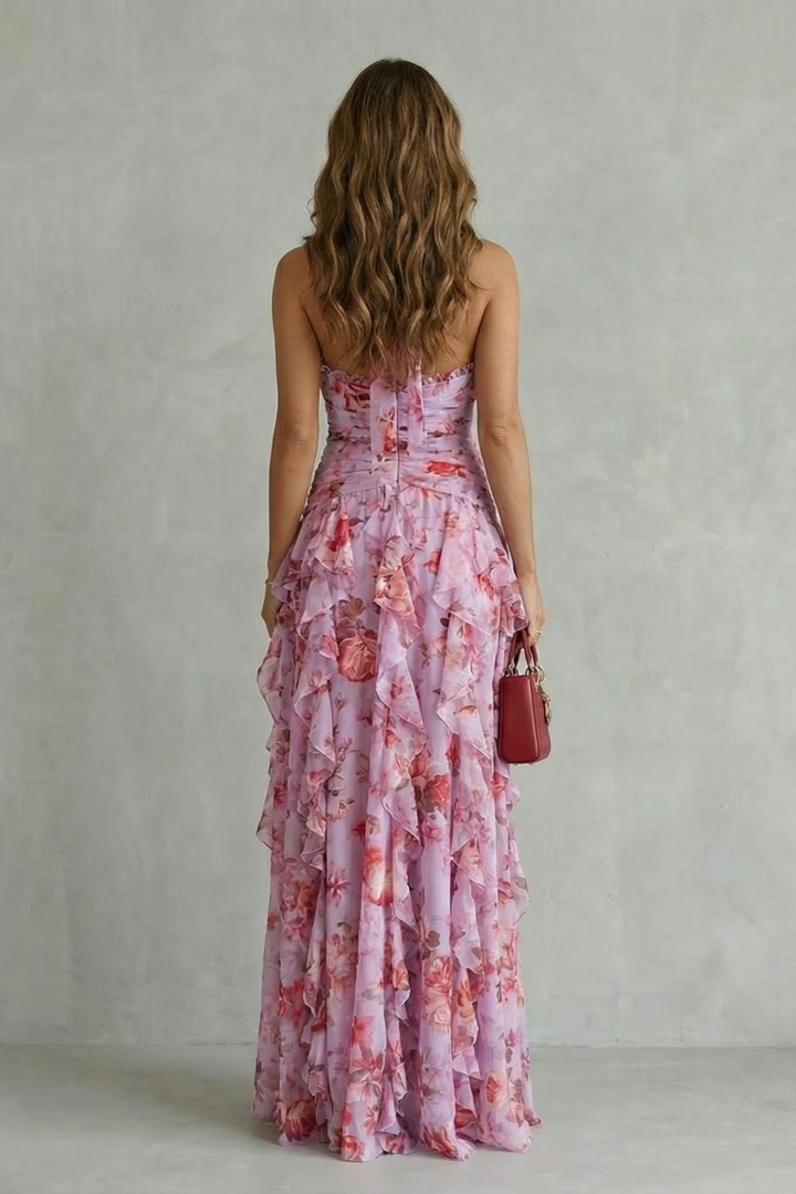 Sirena - Romantic Rose Cascade Halter Maxi Dress