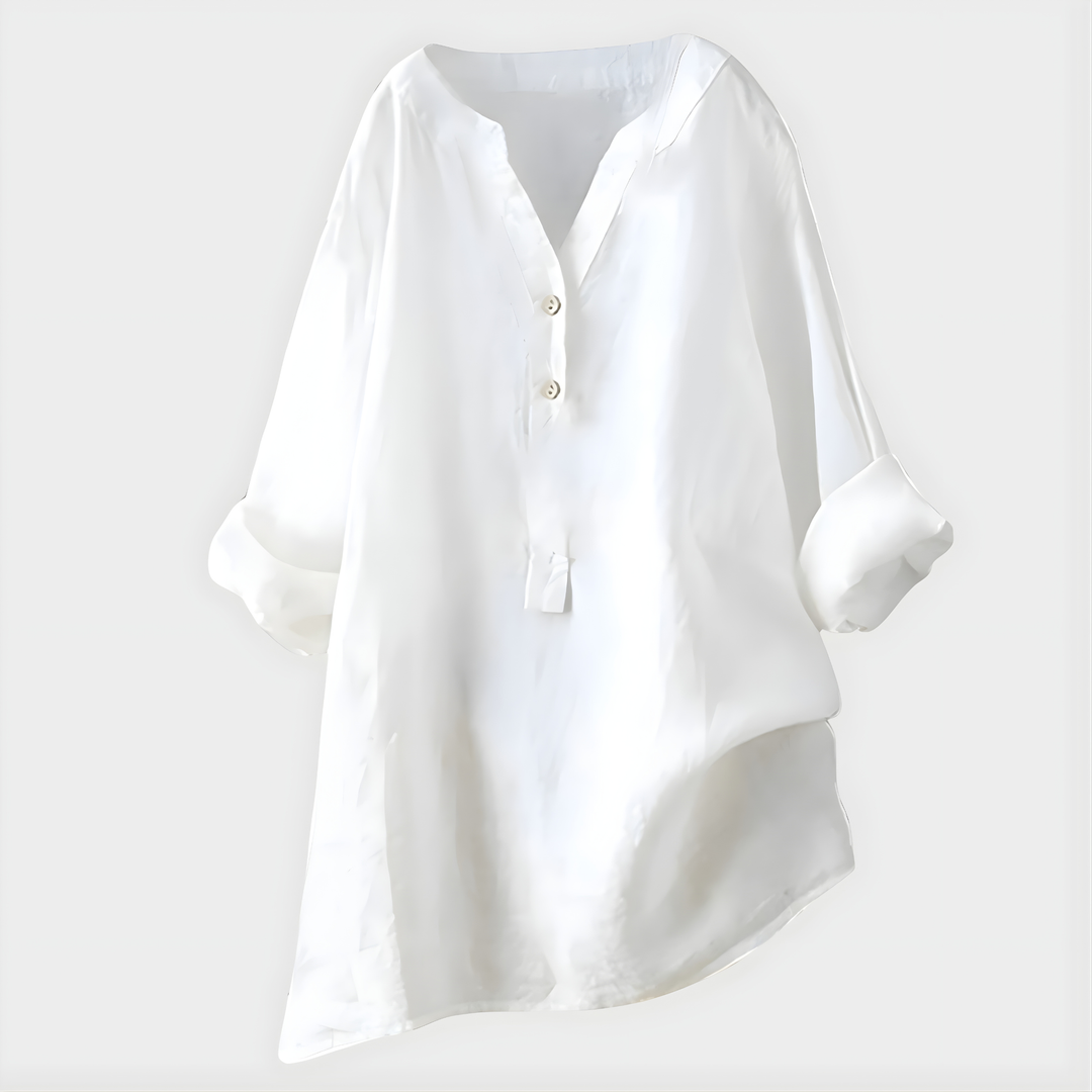 Veria™ Elegant Cotton-Linen V-Neck Blouse
