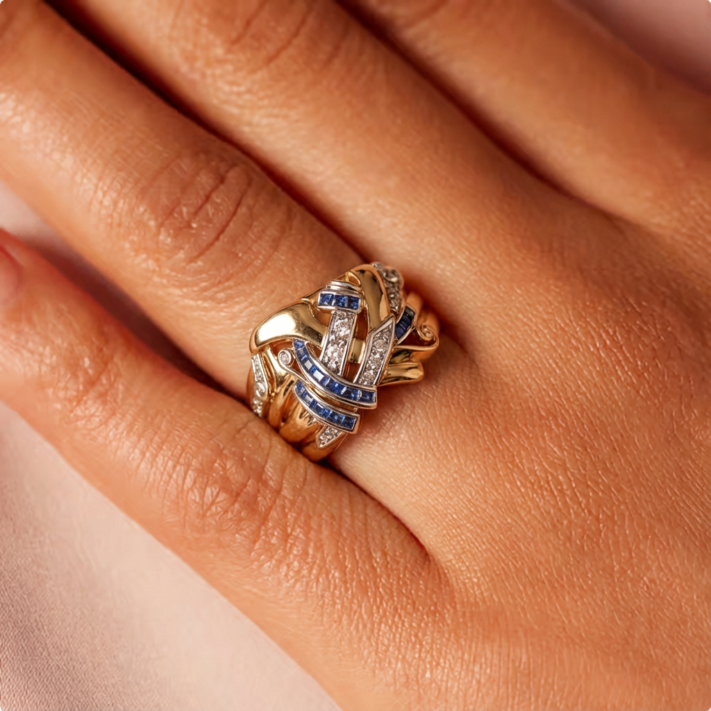 Selene | Luxe Middle Eastern KC Wide Flower Ring with Blue Zirconia Inlay