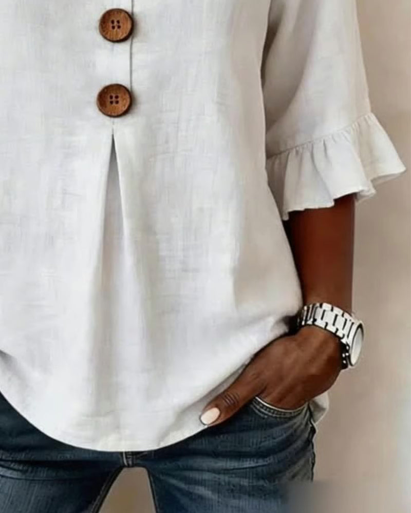 Astreya Solid Color Cotton-Linen Blouse with Wooden Buttons and Ruffles