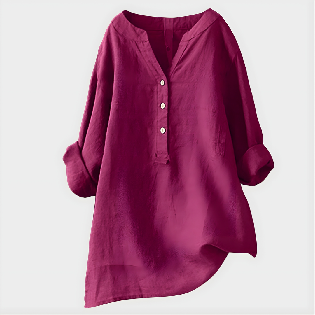 Veria™ Elegant Cotton-Linen V-Neck Blouse