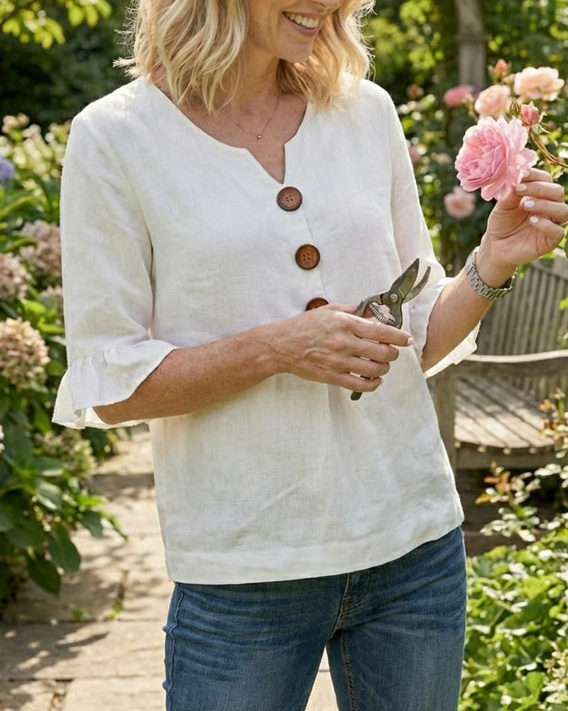 Astreya Solid Color Cotton-Linen Blouse with Wooden Buttons and Ruffles
