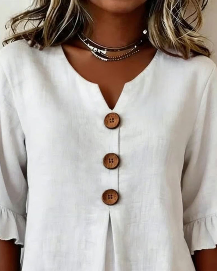 Astreya Solid Color Cotton-Linen Blouse with Wooden Buttons and Ruffles