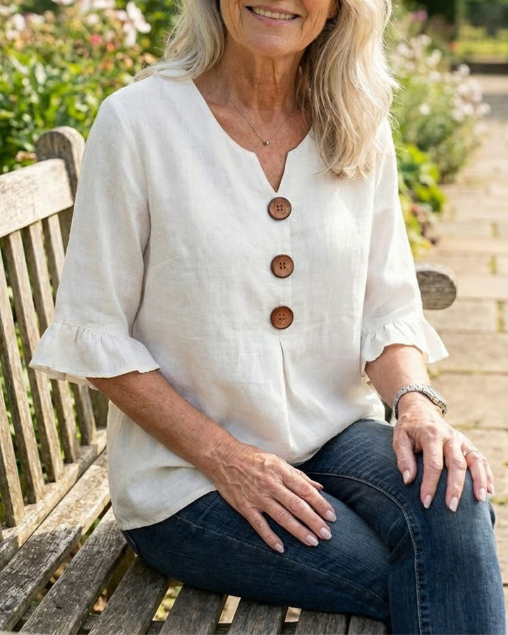 Astreya Solid Color Cotton-Linen Blouse with Wooden Buttons and Ruffles