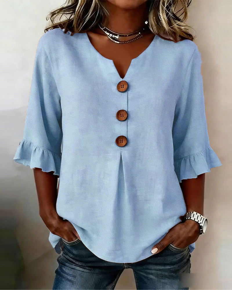 Astreya Solid Color Cotton-Linen Blouse with Wooden Buttons and Ruffles