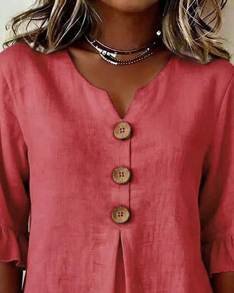 Astreya Solid Color Cotton-Linen Blouse with Wooden Buttons and Ruffles