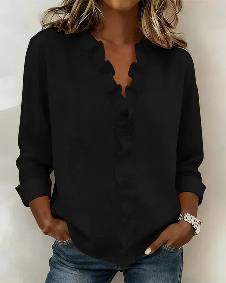 Daphne | Blouse with Ruffles, V-Neck and Long Sleeves
