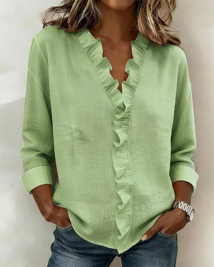 Daphne | Blouse with Ruffles, V-Neck and Long Sleeves