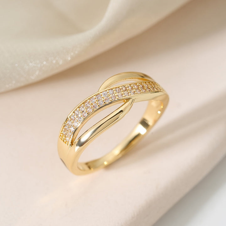 Elegant Gold-Colored Crossover Ring with Stones