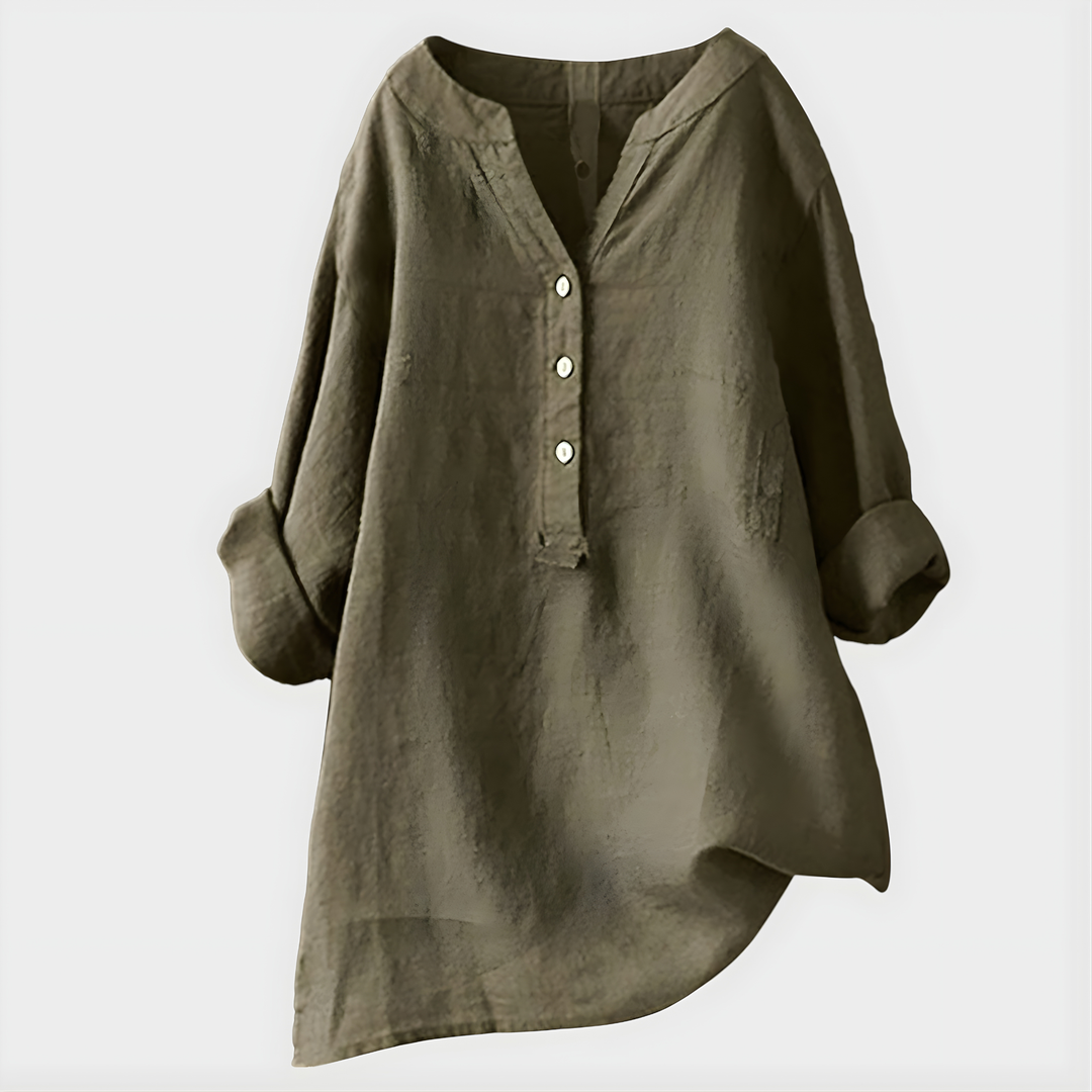 Veria™ Elegant Cotton-Linen V-Neck Blouse