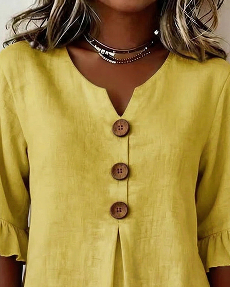 Astreya Solid Color Cotton-Linen Blouse with Wooden Buttons and Ruffles