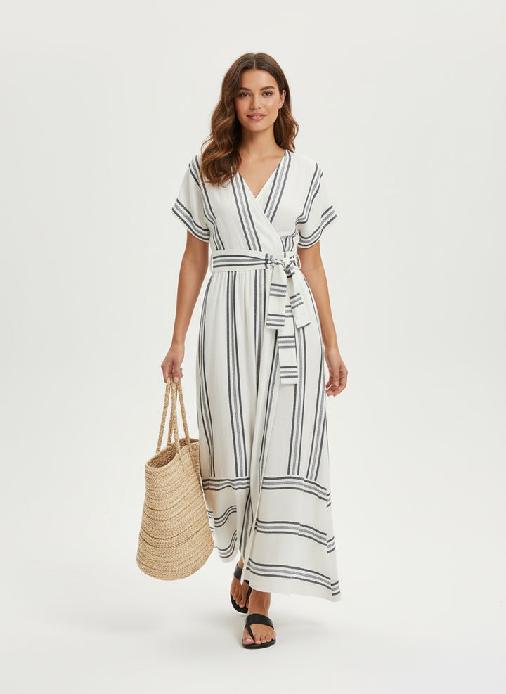 Elegant cross-neck linen dress