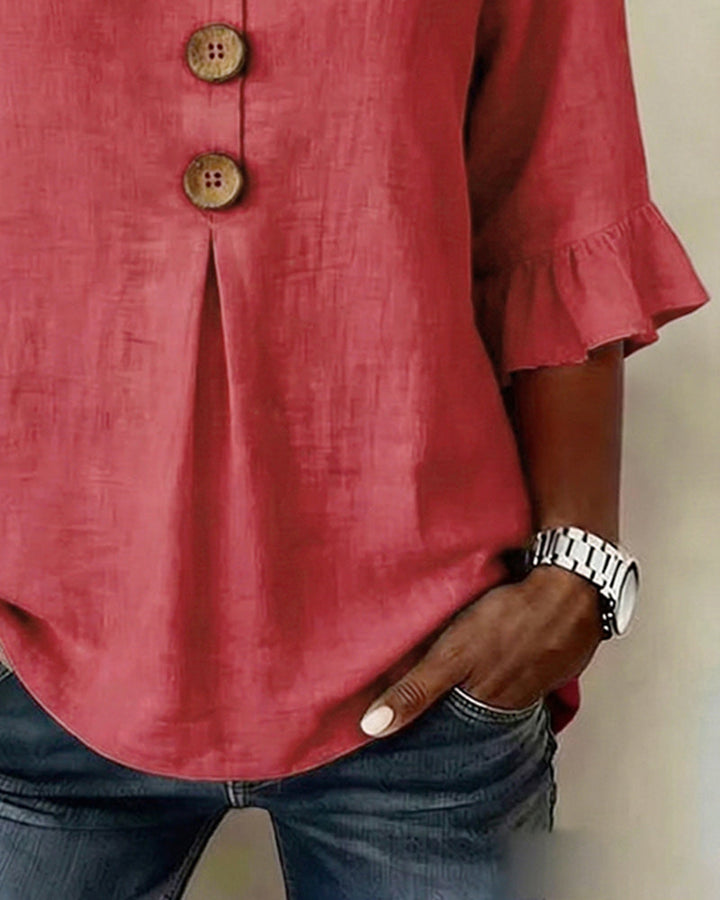 Astreya Solid Color Cotton-Linen Blouse with Wooden Buttons and Ruffles