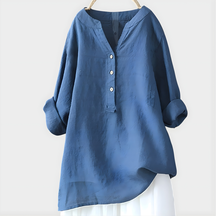 Veria™ Elegant Cotton-Linen V-Neck Blouse