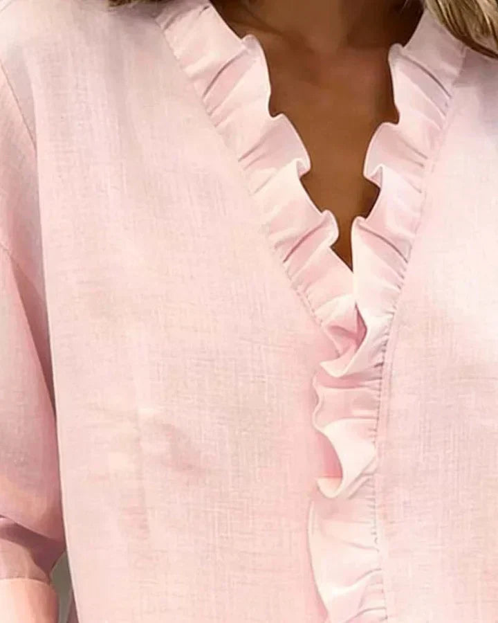 Daphne | Blouse with Ruffles, V-Neck and Long Sleeves