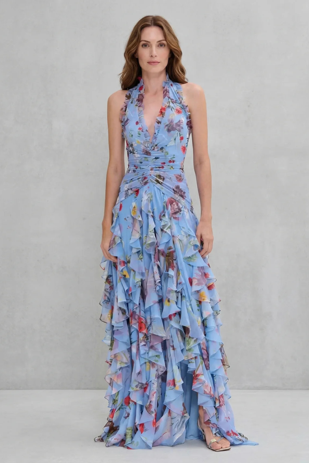 Sirena - Romantic Rose Cascade Halter Maxi Dress