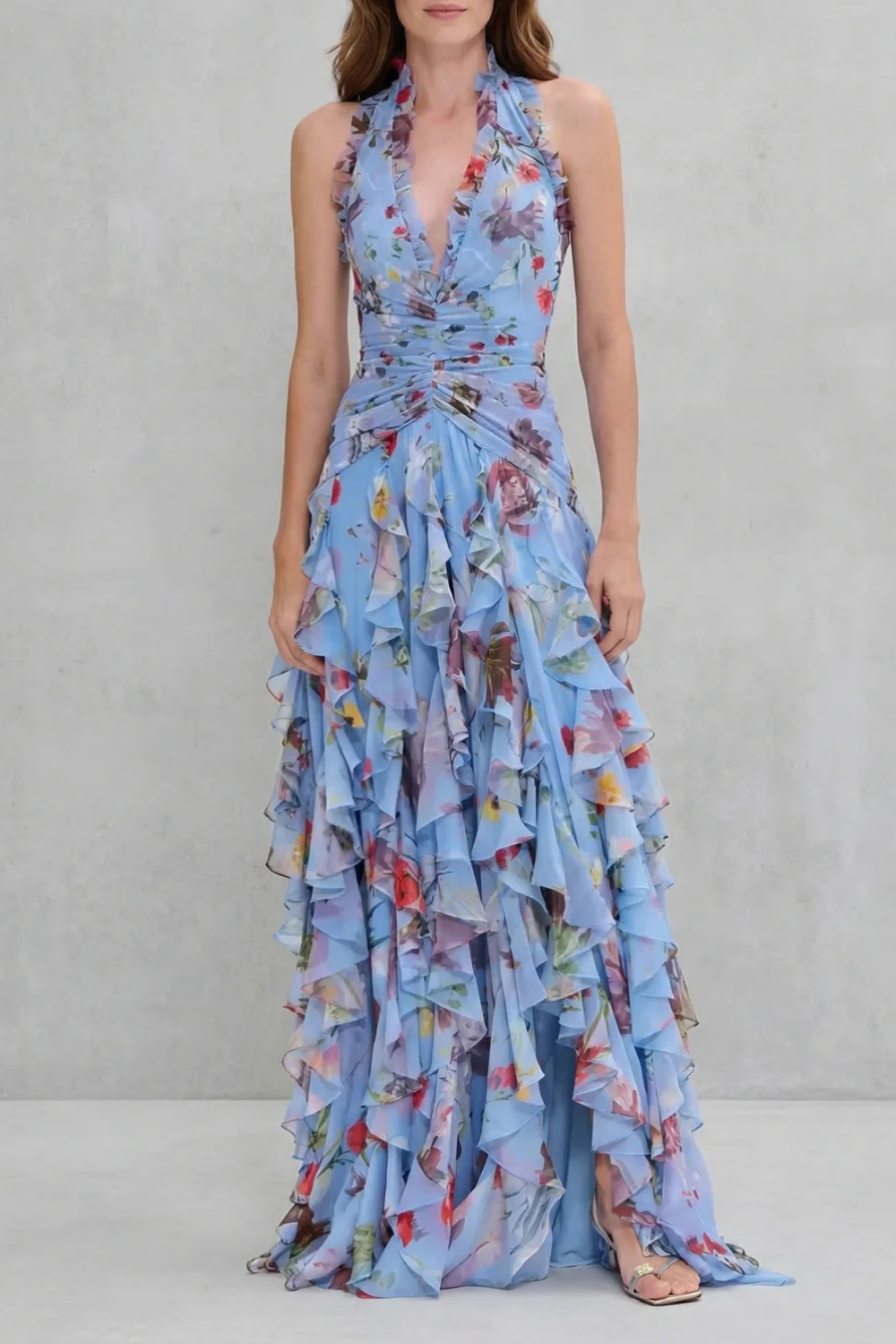 Sirena - Romantic Rose Cascade Halter Maxi Dress