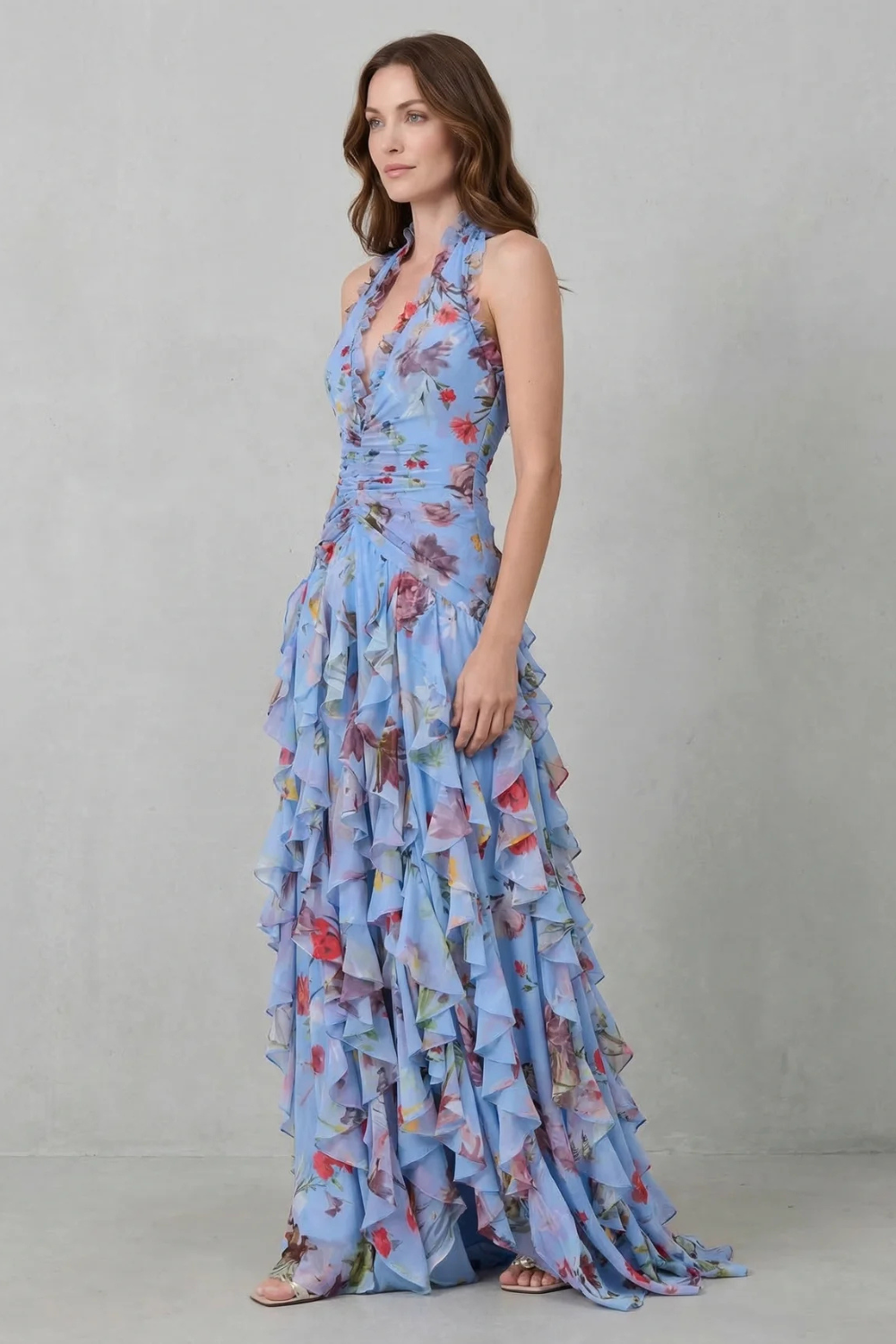 Sirena - Romantic Rose Cascade Halter Maxi Dress