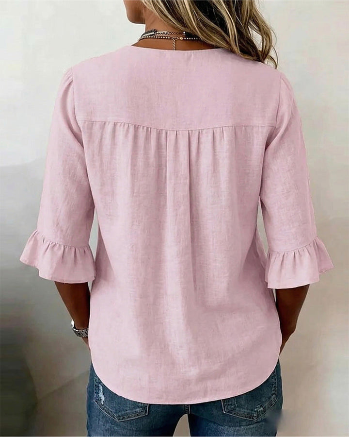 Astreya Solid Color Cotton-Linen Blouse with Wooden Buttons and Ruffles