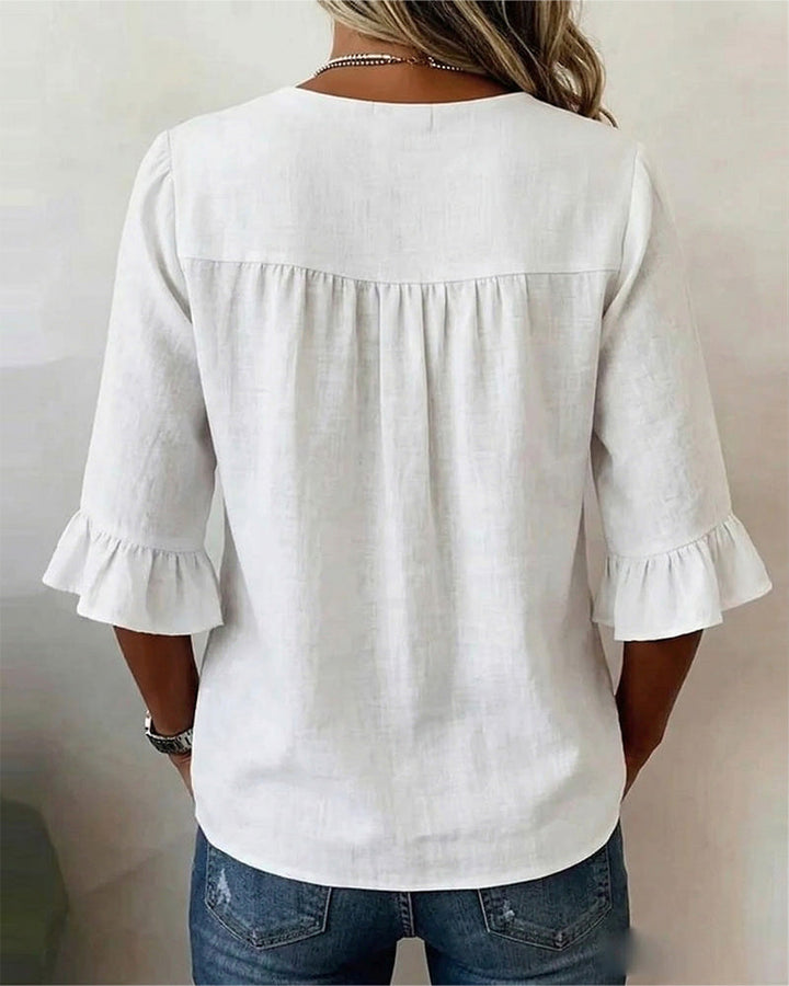 Astreya Solid Color Cotton-Linen Blouse with Wooden Buttons and Ruffles