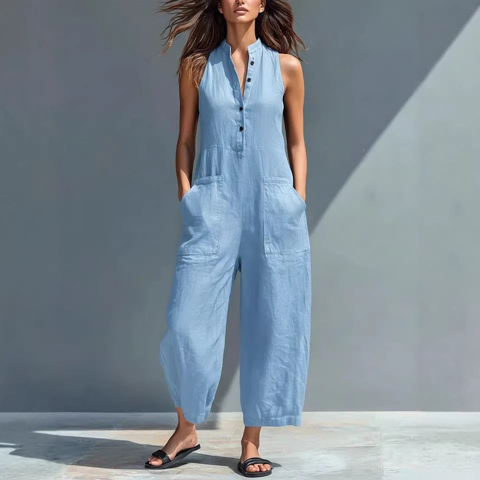 Mena - Sleeveless Linen Dungarees