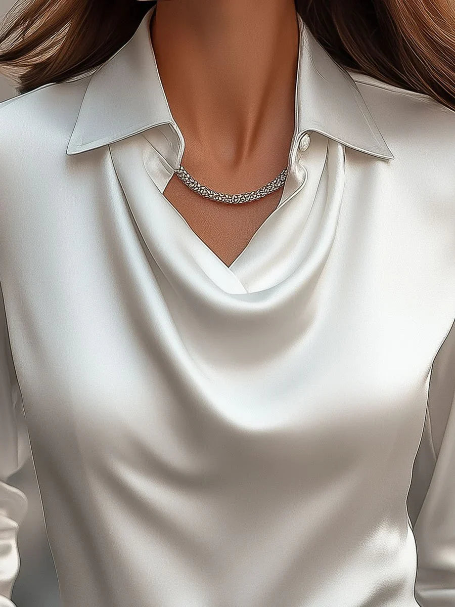 Silvara™ | Elegant White Satin Blouse With Draped Neckline