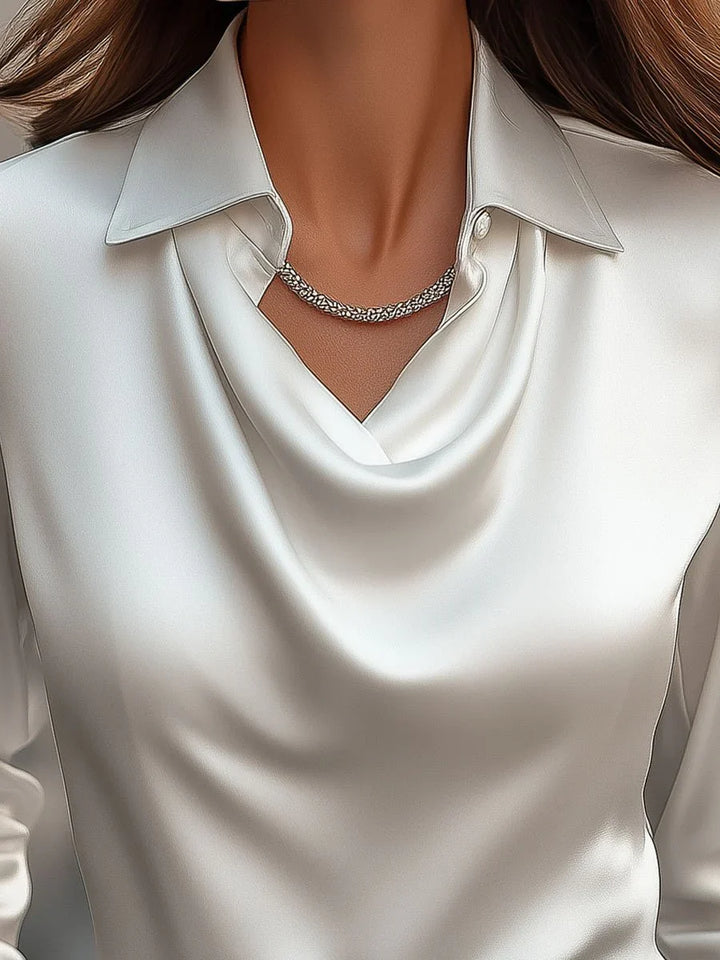 Silvara™ | Elegant White Satin Blouse With Draped Neckline