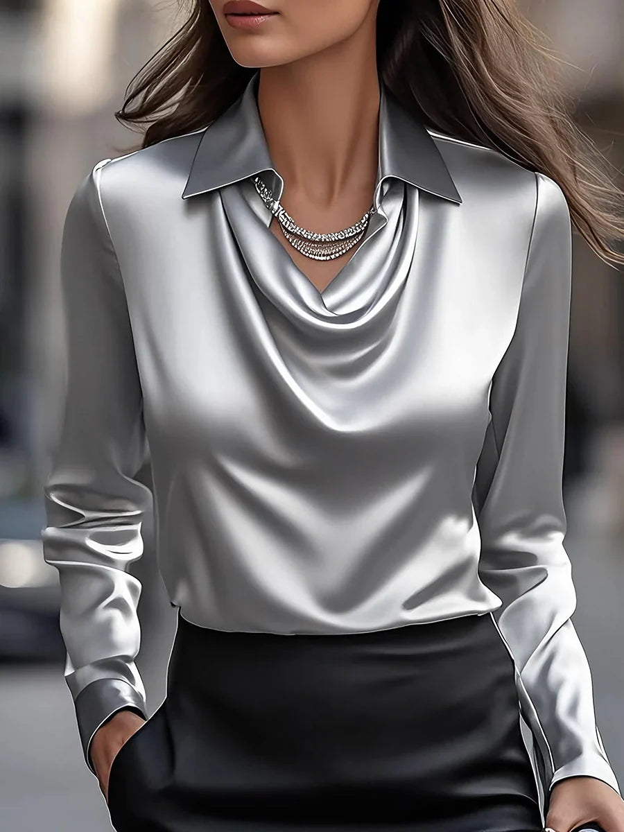 Silvara™ | Elegant White Satin Blouse With Draped Neckline
