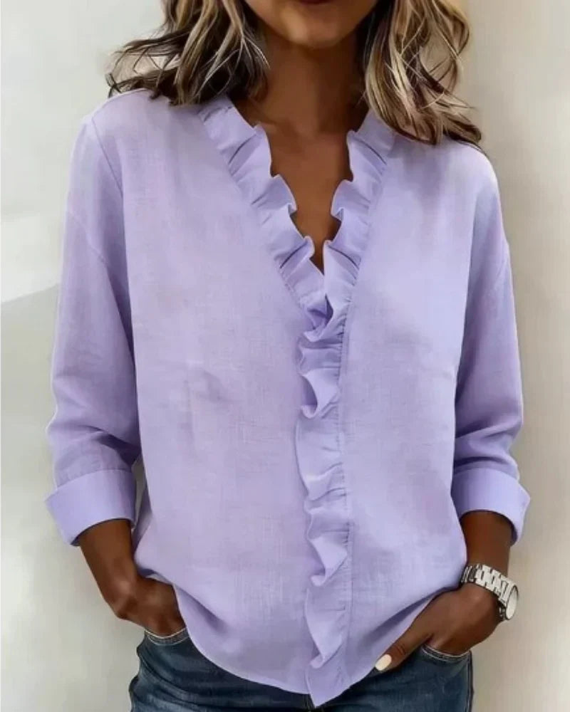 Daphne | Blouse with Ruffles, V-Neck and Long Sleeves