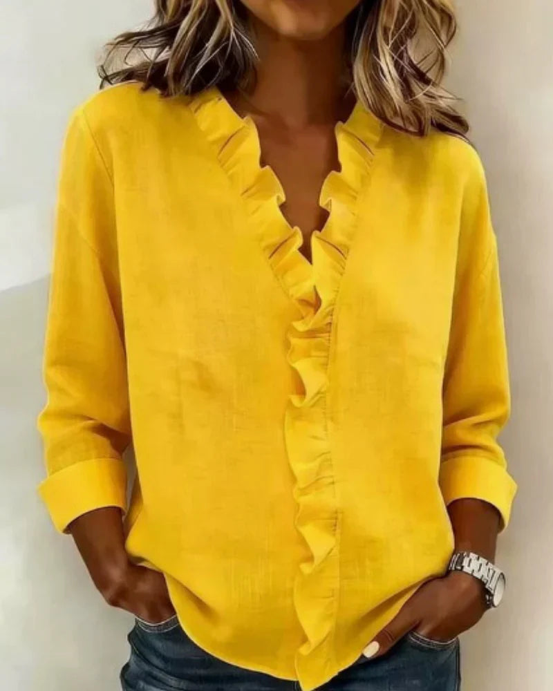 Daphne | Blouse with Ruffles, V-Neck and Long Sleeves