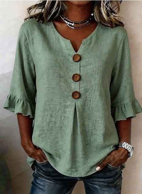 Astreya Solid Color Cotton-Linen Blouse with Wooden Buttons and Ruffles